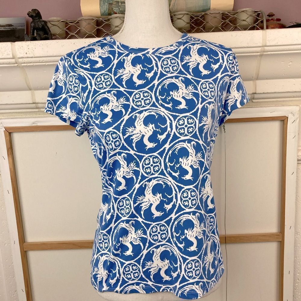 J.McLaughlin Griffon Print Blue Graphic Stretchy short Sleeved Top